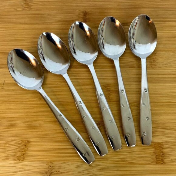 Vintage Seibu Starburst Pattern 5 Teaspoons Stainless Steel Mid Century Japan - Picture 1 of 4